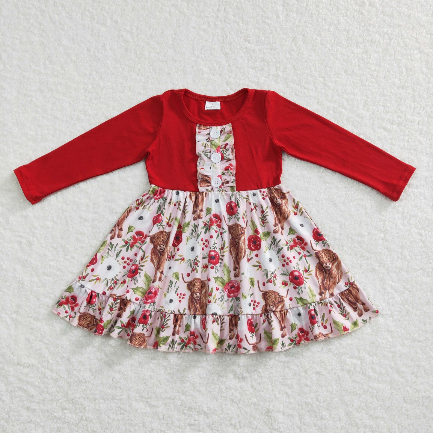 GLD0322 baby girl alpine cow flowers long sleeve dress