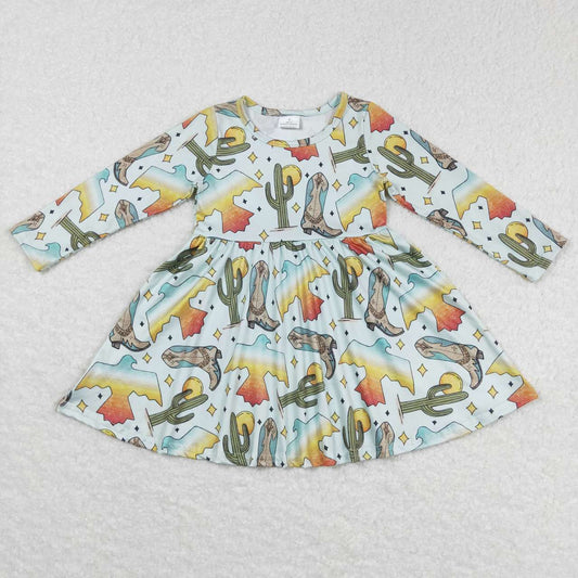 GLD0349 baby girl cactus print green long sleeve dress