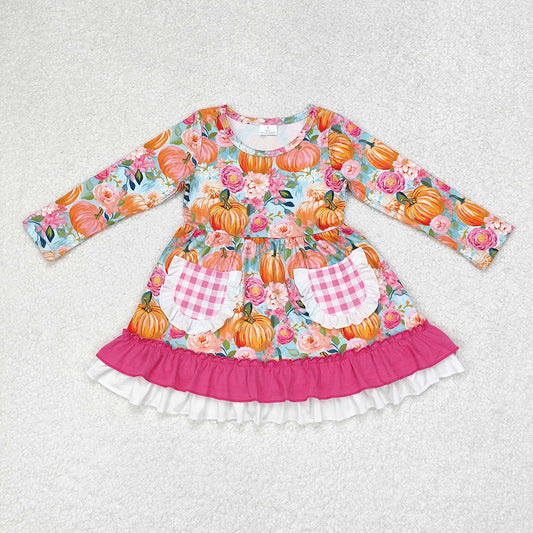 GlD0532 Baby girls pumpkins floral pockets knee length dresses