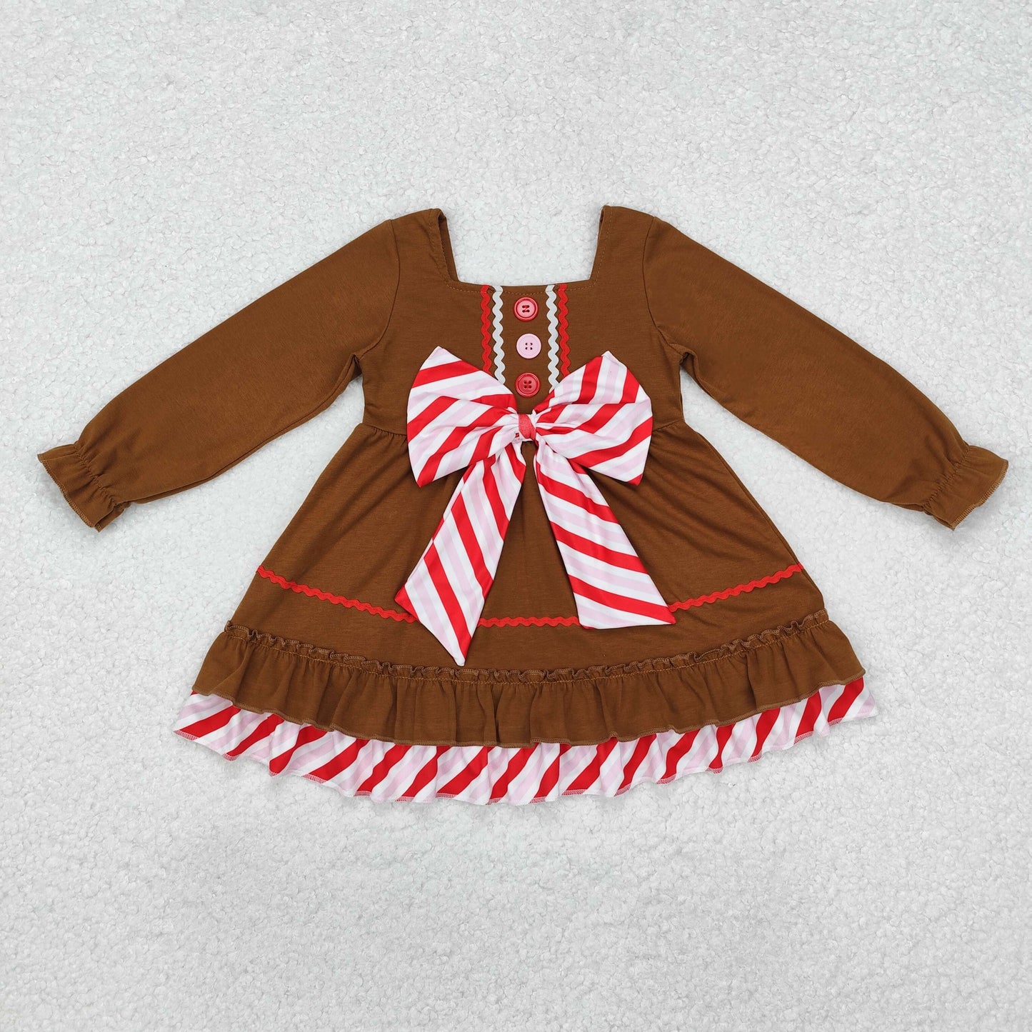 Sibling Baby Girls Candy Cane Stripes Button Christmas Ruffle Knee Length Dresses