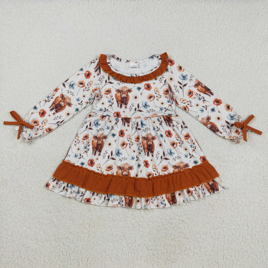 GLD0784 Baby Girls Flowers Highland Cows Western Ruffle Knee Length Dresses