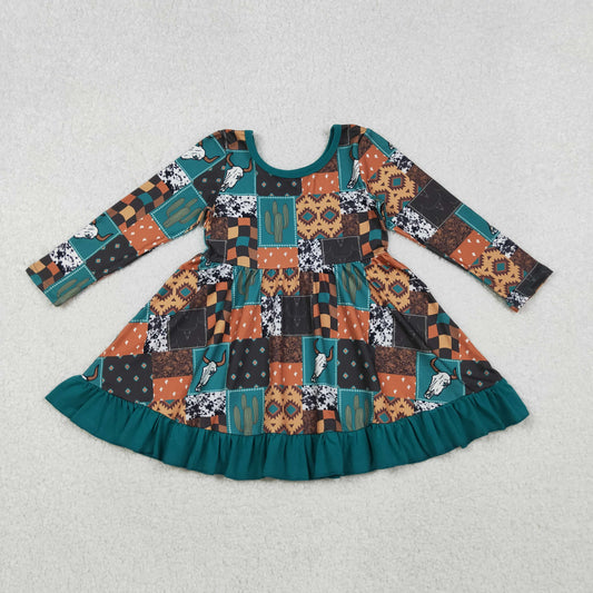 GLD0837 Baby Girls Bull Skulls Aztec Checked Western Ruffle Knee Length Dresses