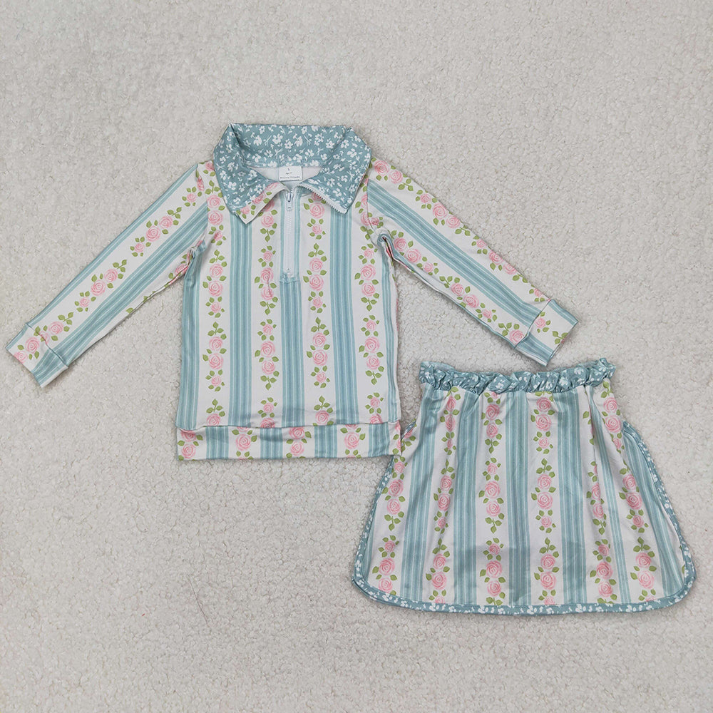 GLD1001 baby girls blue stripes flowers pullover top skorts sports sets