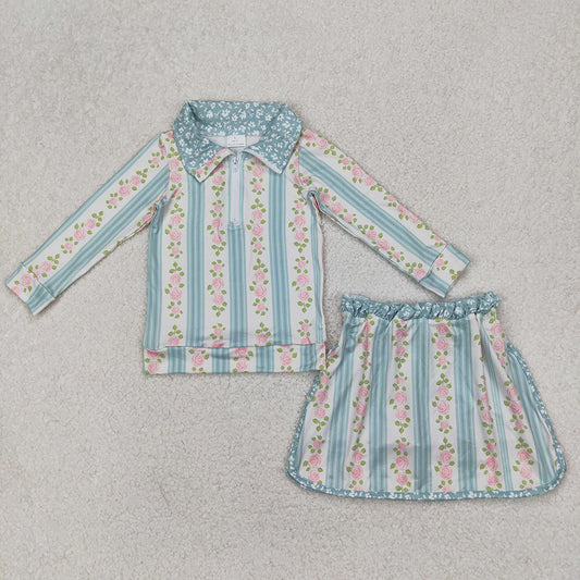 GLD1001 baby girls blue stripes flowers pullover top skorts sports sets