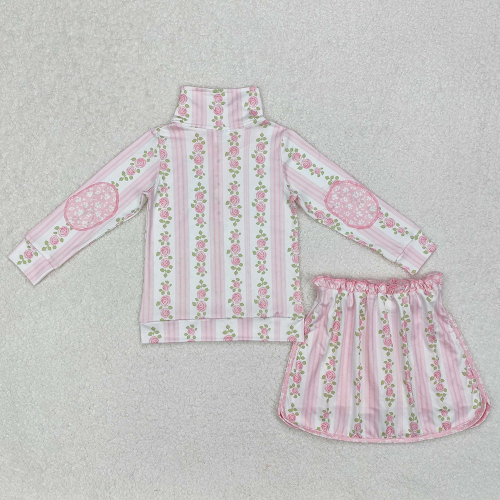 GLD1002 baby girls pink stripes flowers pullover top skorts sports sets