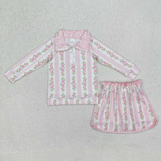 GLD1002 baby girls pink stripes flowers pullover top skorts sports sets