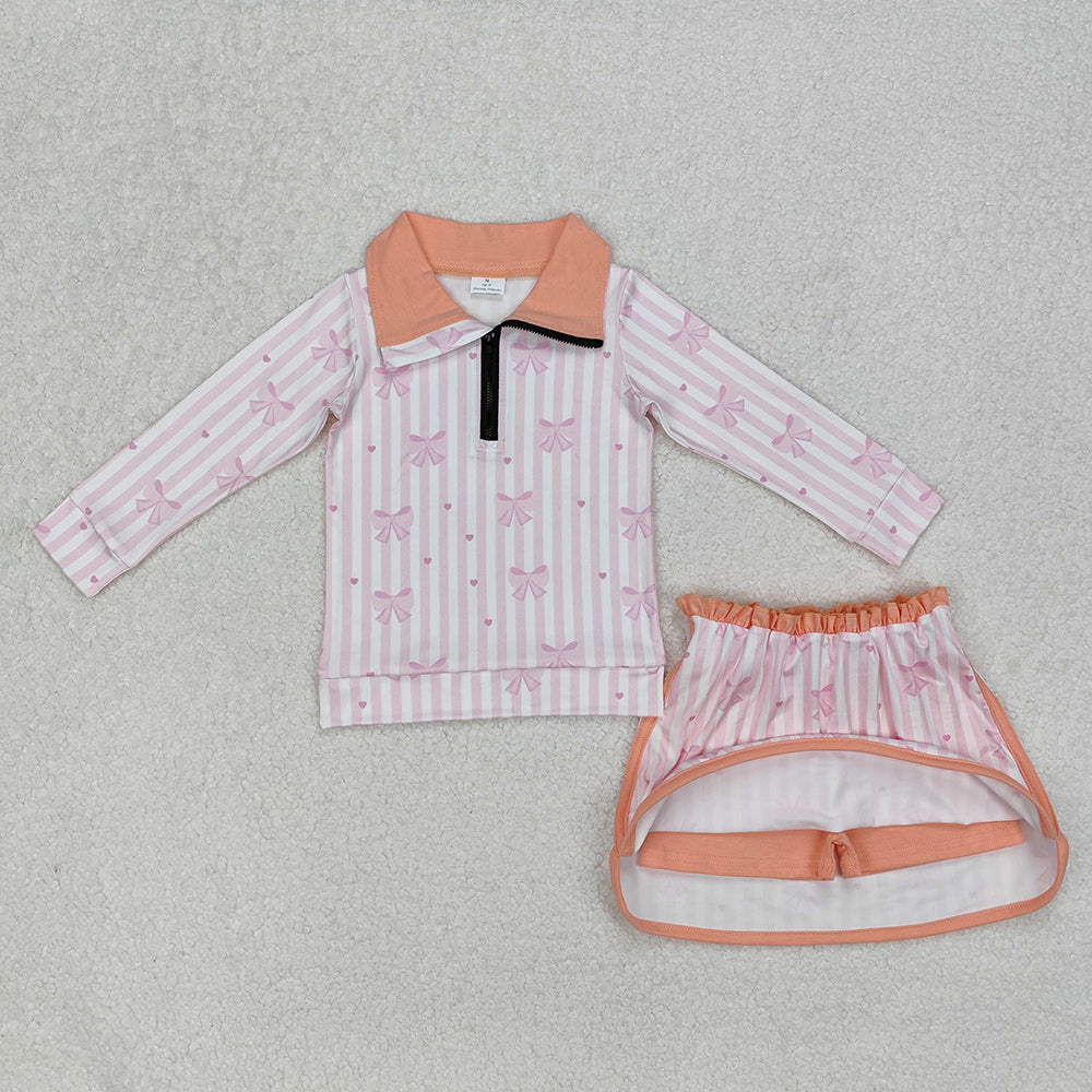 GLD1004 baby girls pink stripes bows pullover top skorts sports sets