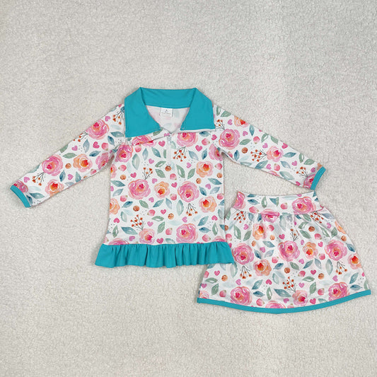 GLD1009 baby girls blue pink flowers pullover top skorts sports sets