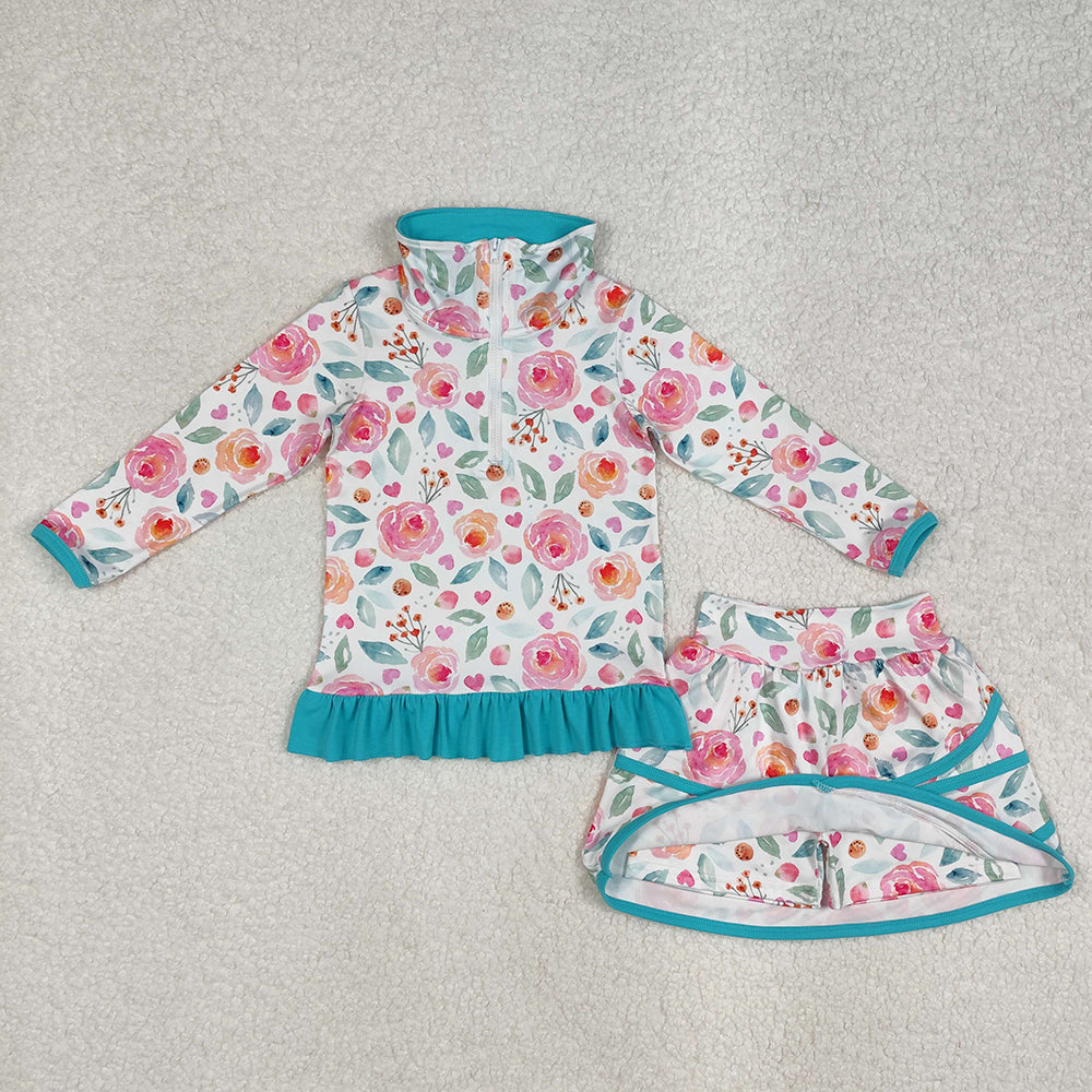 GLD1009 baby girls blue pink flowers pullover top skorts sports sets