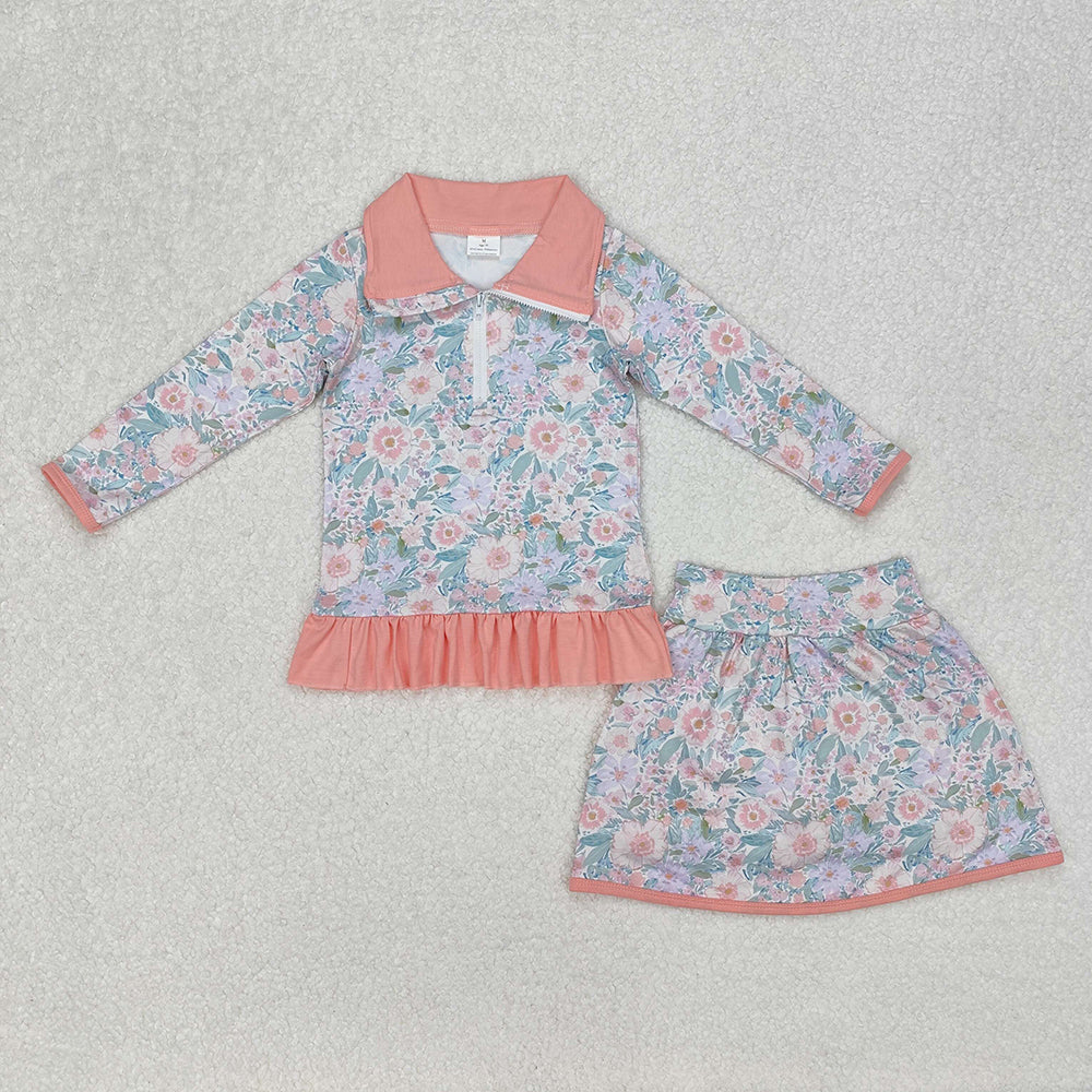 GLD1010 baby girls orange flowers pullover top skorts sports sets