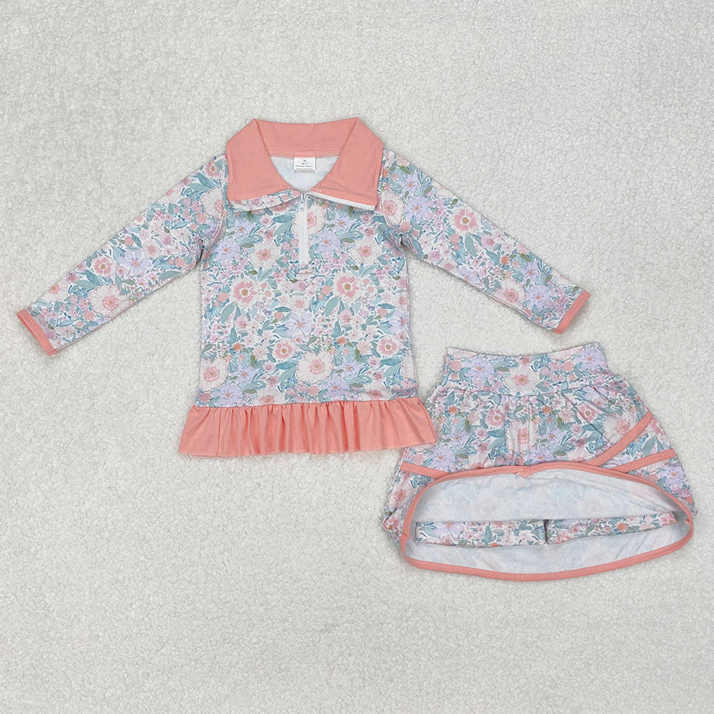 GLD1010 baby girls orange flowers pullover top skorts sports sets
