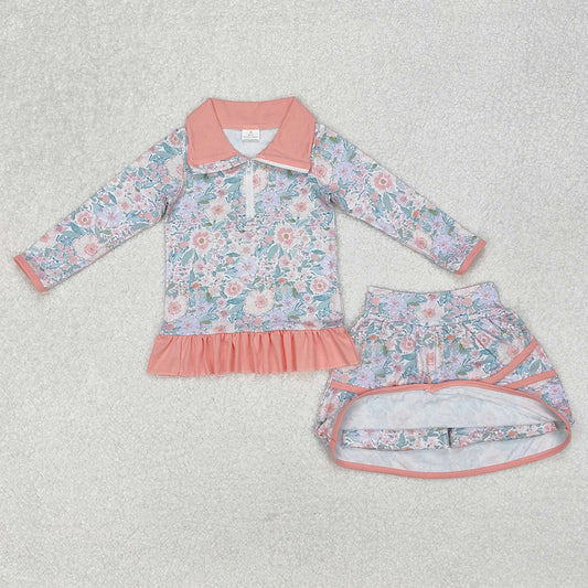 GLD1010 baby girls orange flowers pullover top skorts sports sets