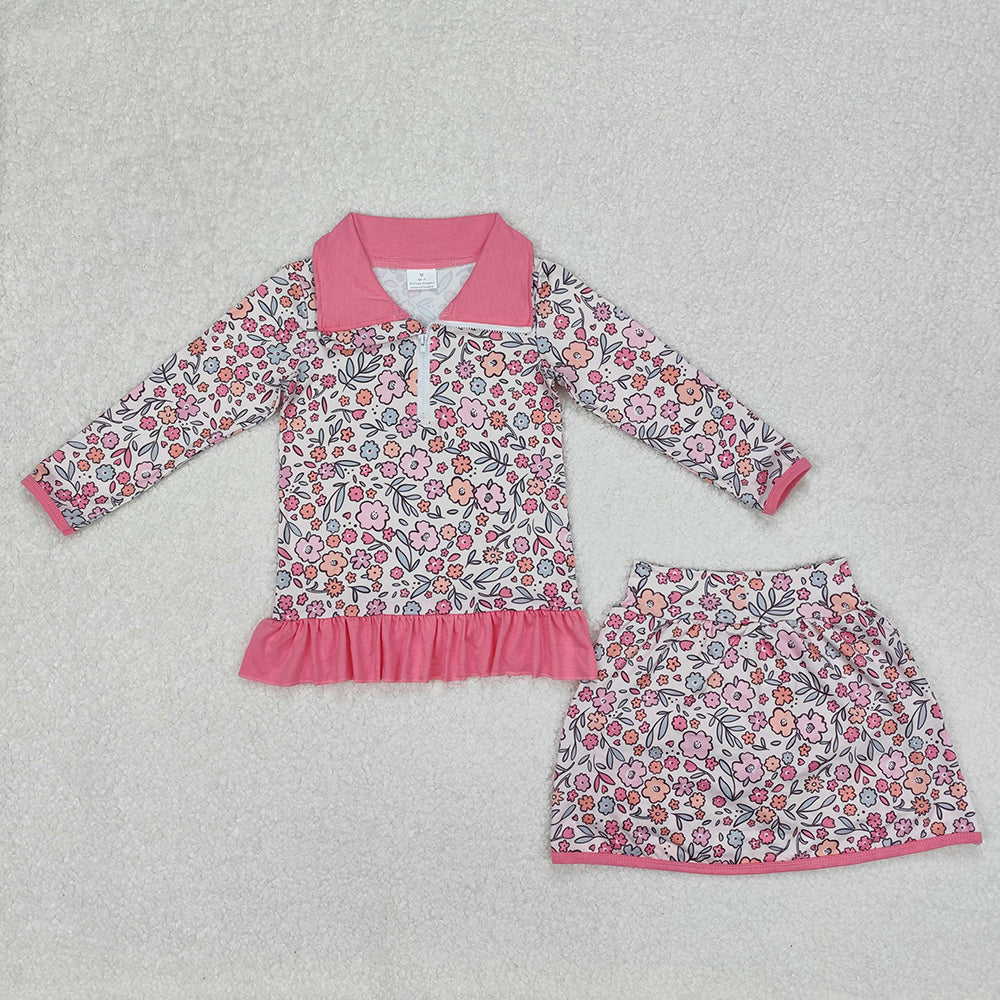 GLD1011 baby girls pink flowers pullover top skorts sports sets