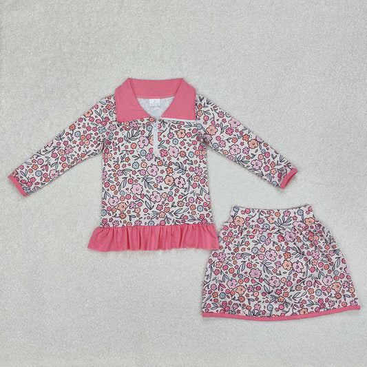 GLD1011 baby girls pink flowers pullover top skorts sports sets