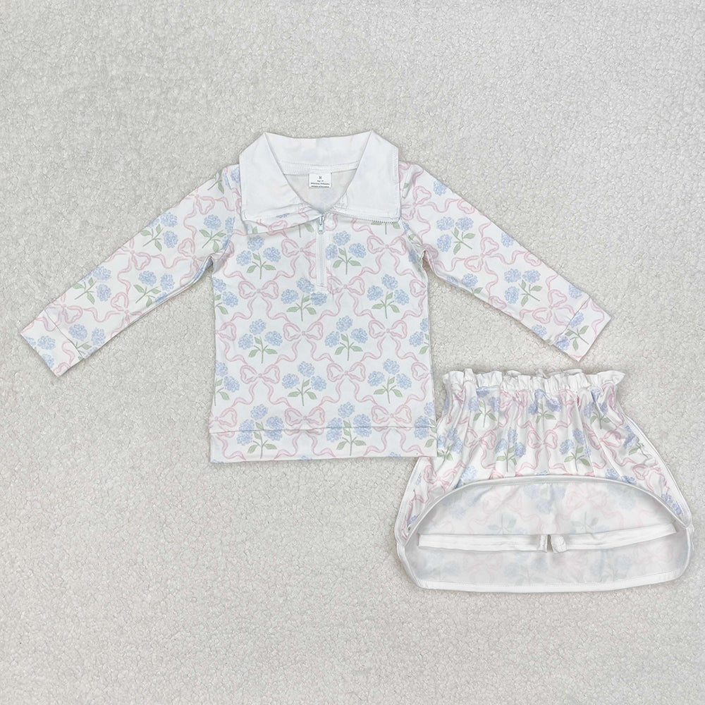 GLD1012 baby girls blue flowers bows pullover top skorts sports sets