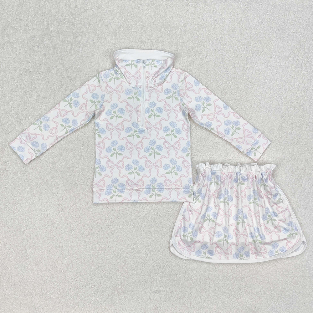 GLD1012 baby girls blue flowers bows pullover top skorts sports sets