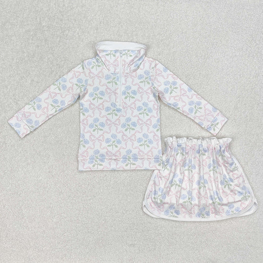 GLD1012 baby girls blue flowers bows pullover top skorts sports sets