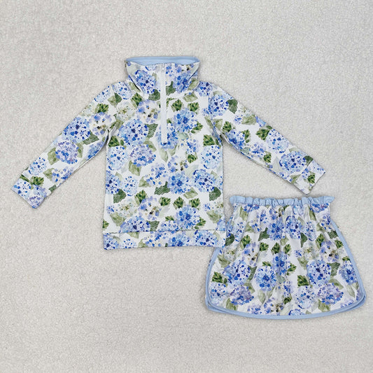 GLD1016 baby girls blue flowers pullover top skorts sports sets