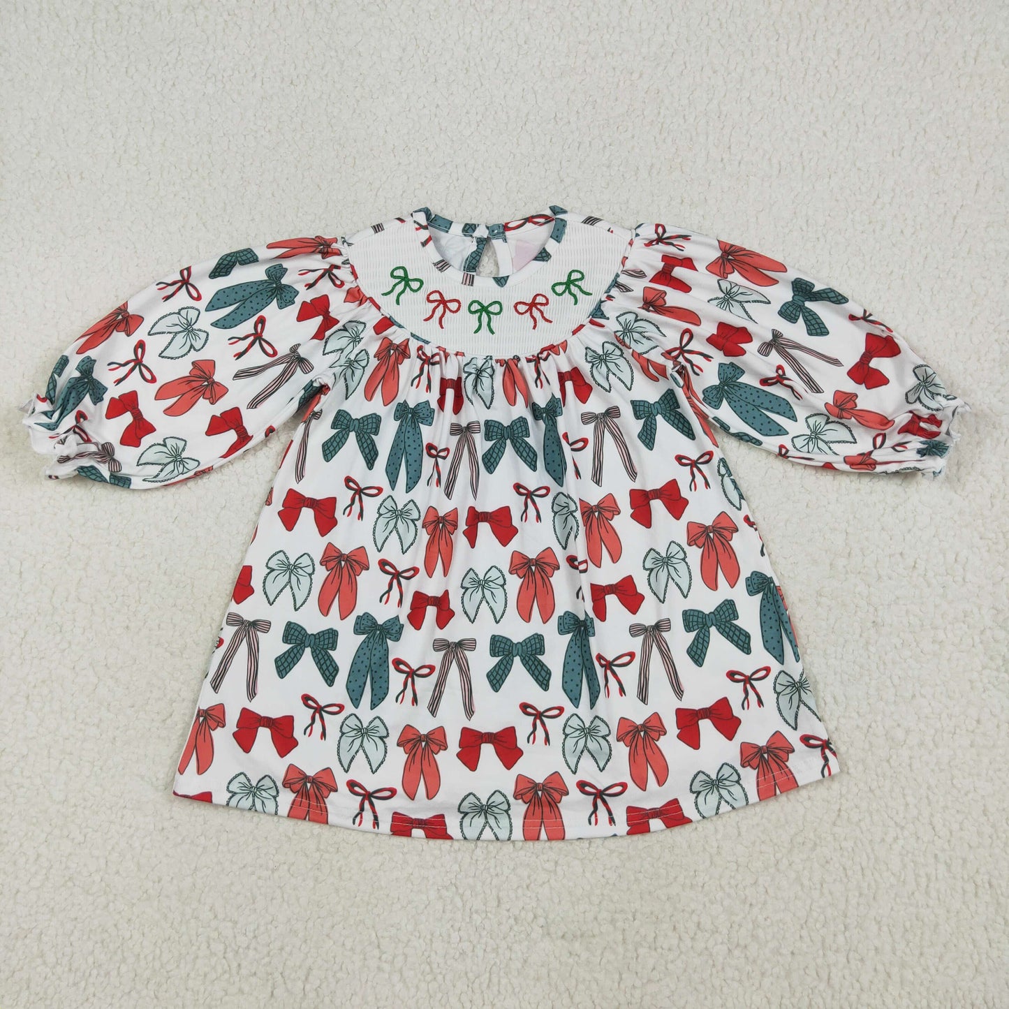 GLD1028 Girls Baby Christmas Bows Smocked Embroidery Dresses