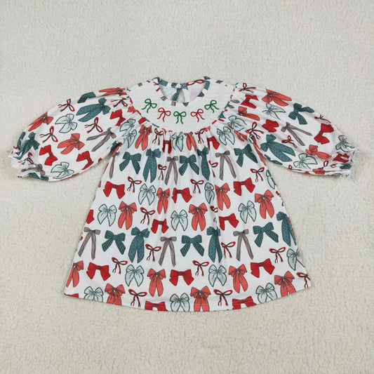 GLD1028 Girls Baby Christmas Bows Smocked Embroidery Dresses