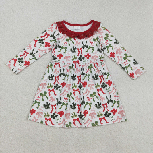 GLD1036 Baby Girls Green Red Bows Plaid Christmas Ruffle Sleeve Knee Length Dresses