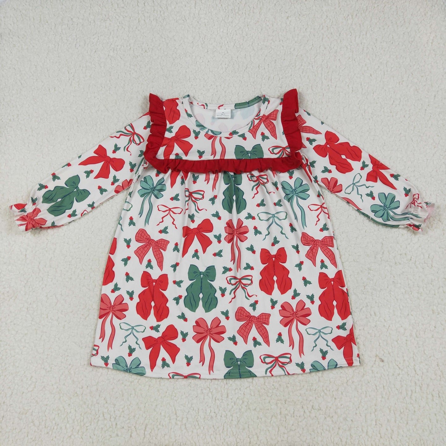 Sibling Baby Girls Green Red Bows Long Sleeves Christmas Knee Length Dresses