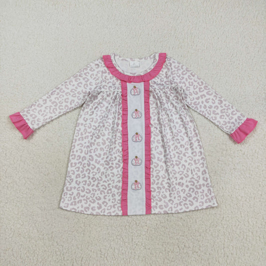 GLD1054 Baby Girls Pink Leopard Embroidery Bows Pumpkins Fall Knee Length Dresses