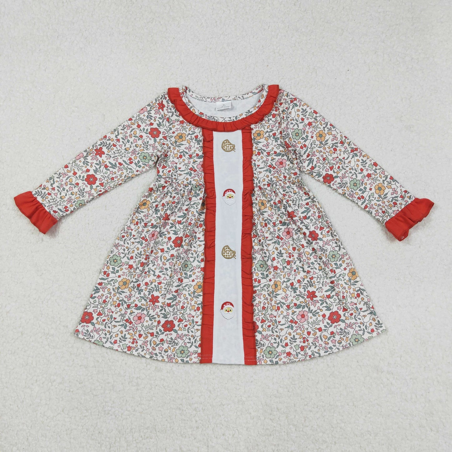 GLD1062 Baby Girls Red Floral Embroidery Santa Cookie Christmas Knee Length Dresses