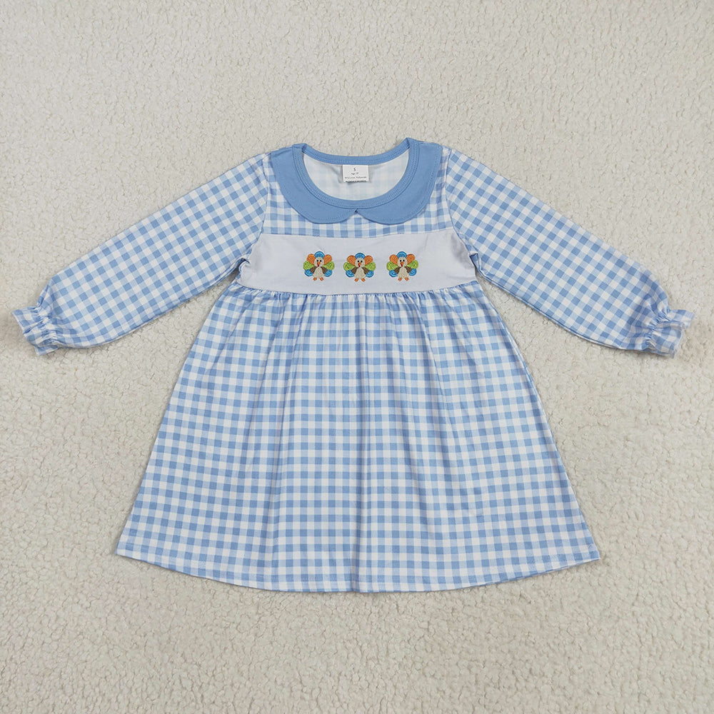 Thanksgiving Blue Checkered Turkey Baby Girls Embroidery Dresses GLD1070