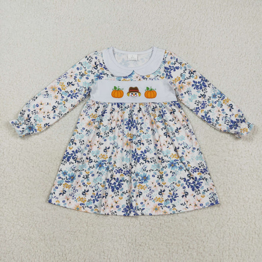 GLD1071 Baby Girls Blue Floral Embroidery Pumpkins Scarecrow Fall Knee Length Dresses