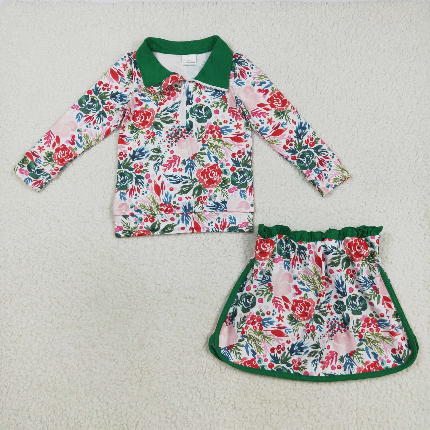 GLD1075 Baby Girls Red Green Floral Zipper Pullovers Skirt Shorts Clothes Sets