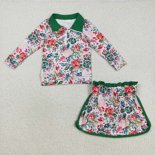 GLD1075 Baby Girls Red Green Floral Zipper Pullovers Skirt Shorts Clothes Sets