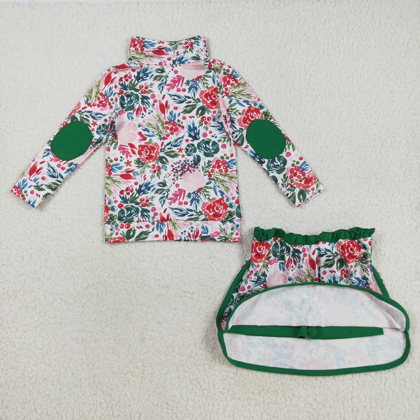 GLD1075 Baby Girls Red Green Floral Zipper Pullovers Skirt Shorts Clothes Sets