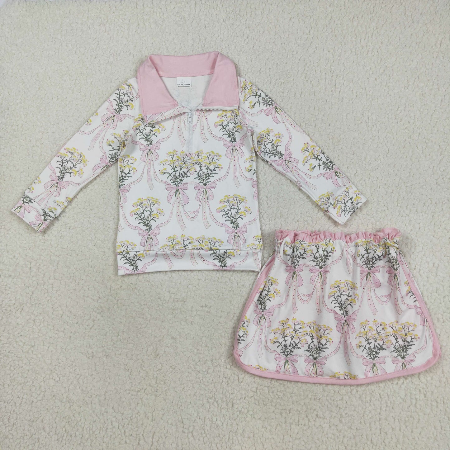 GLD1078 Baby Girls Pink Bows Flowers Checked Zipper Pullovers Skirt Shorts Clothes Sets