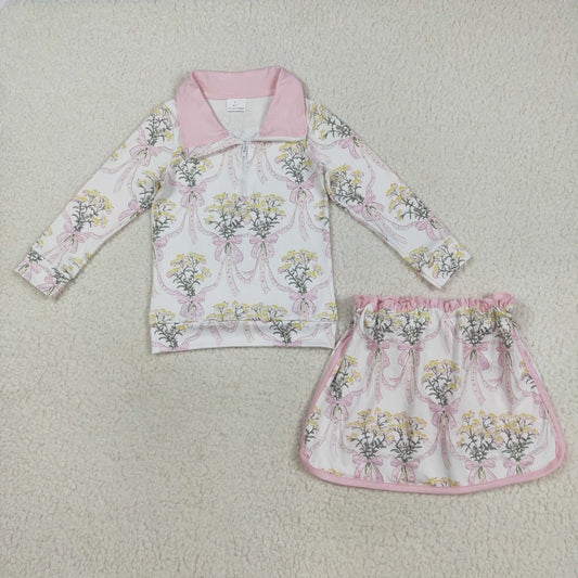 GLD1078 Baby Girls Pink Bows Flowers Checked Zipper Pullovers Skirt Shorts Clothes Sets