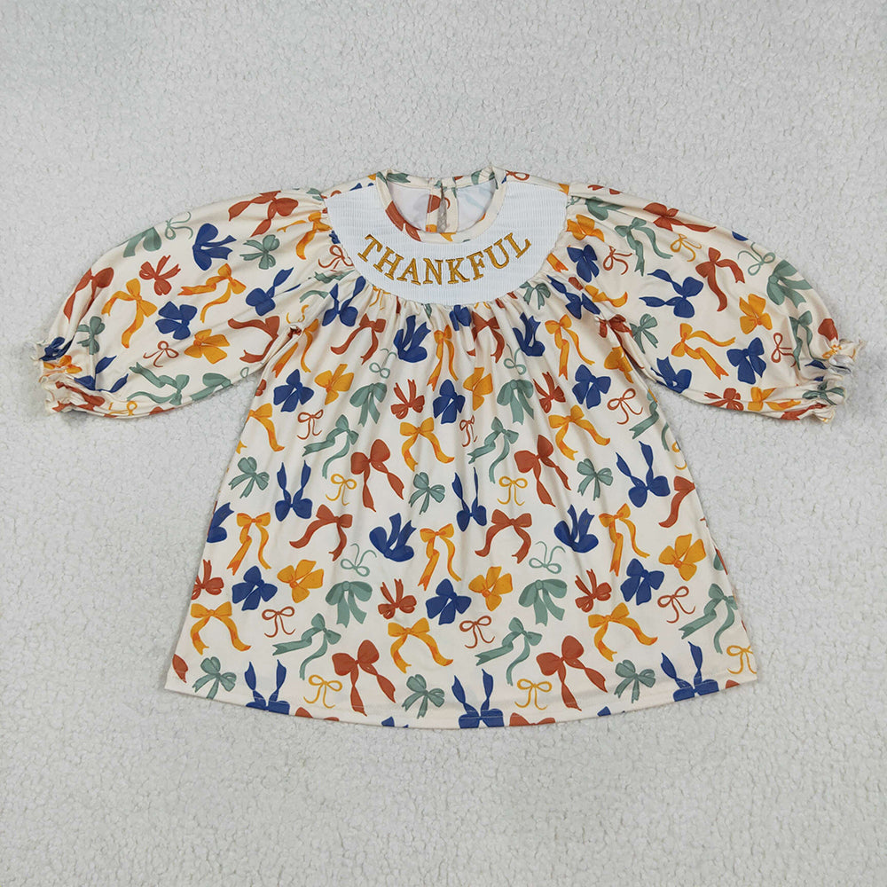 GLD1086 Girls Baby Thanksgiving Bows Smocked Embroidery Dresses