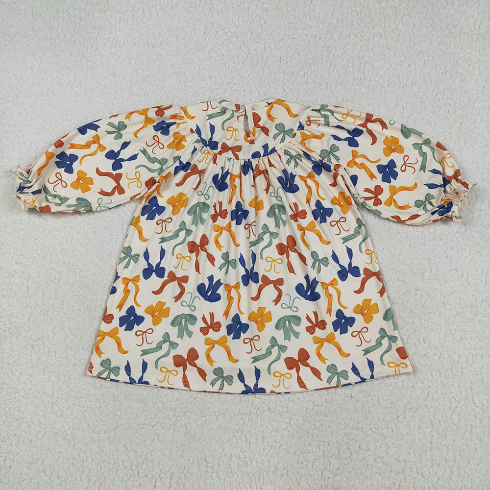 GLD1086 Girls Baby Thanksgiving Bows Smocked Embroidery Dresses