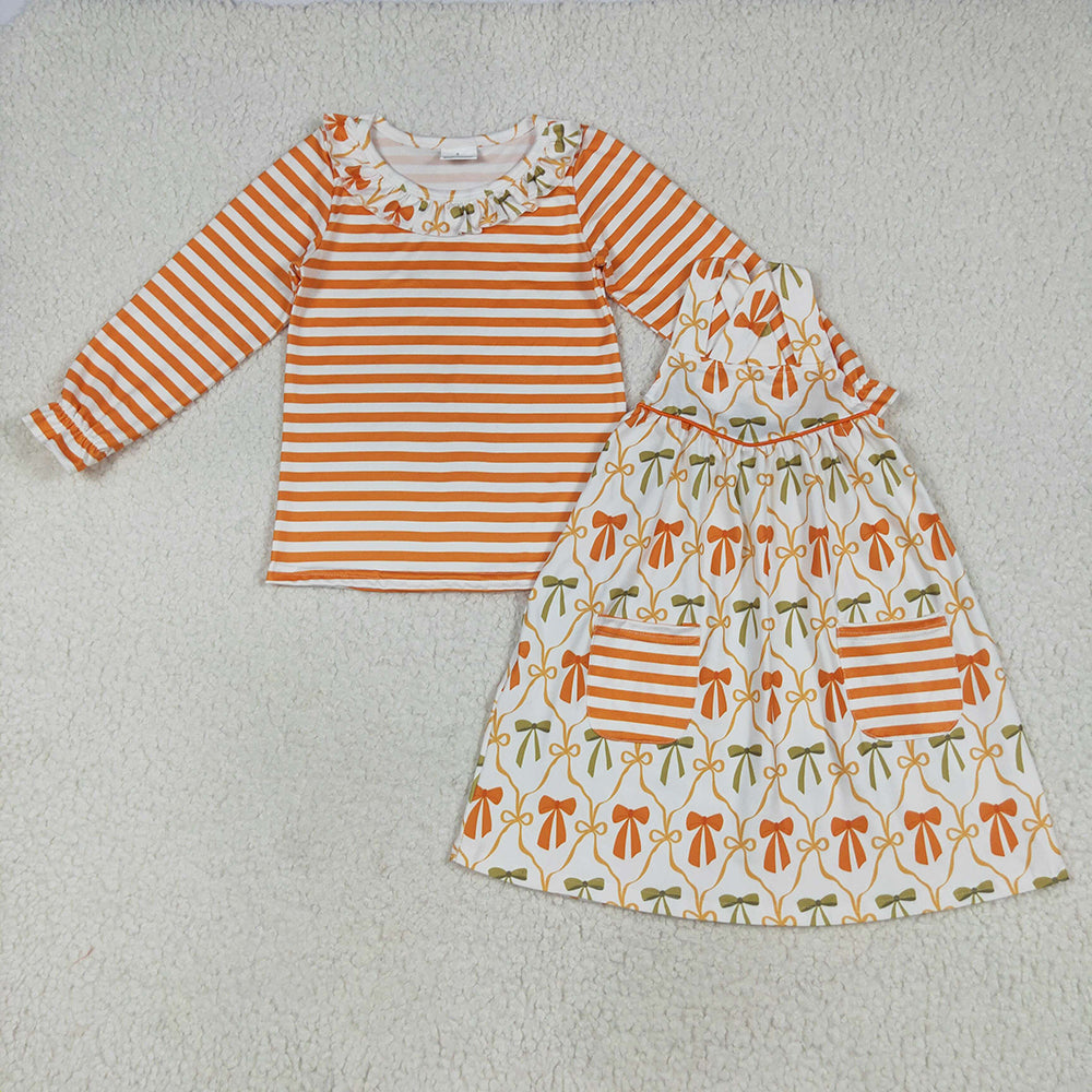 Sibling Baby Girls Stripe Orange Bows Rompers Outfits Clothes Sets