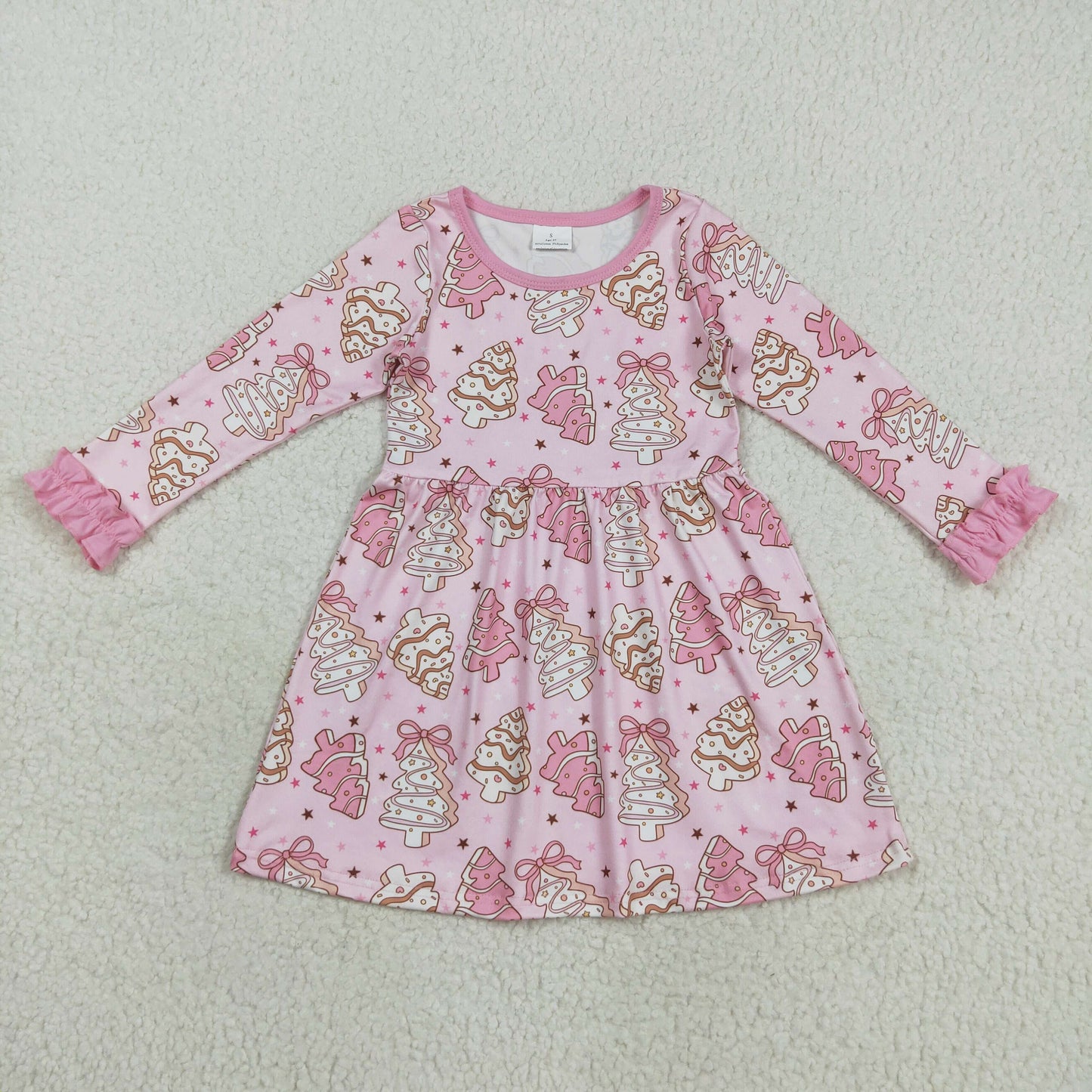 GLD1124 Baby Girls Pink Stripe Trees Stars Christmas Ruffle Sleeve Knee Length Dresses