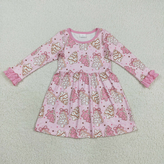 GLD1124 Baby Girls Pink Stripe Trees Stars Christmas Ruffle Sleeve Knee Length Dresses