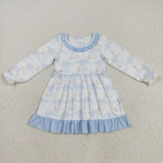 GLD1129 Baby Girls Bows Pumpkins Ruffle Sleeve Fall Knee Length Dresses