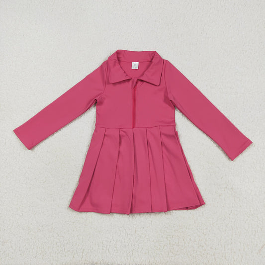 GLD1146 toddler girl clothes Hotpink Long Sleeve Zip athletic yoga Pleated dresses