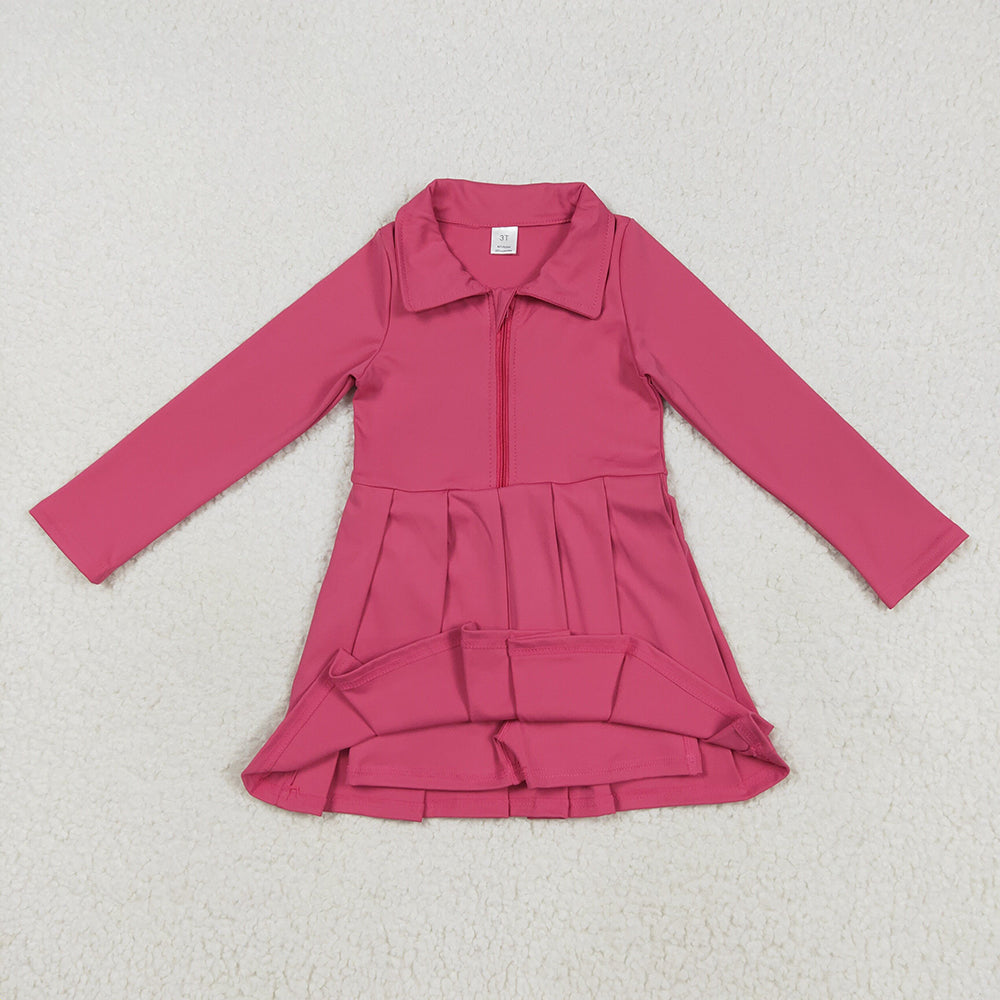 GLD1146 toddler girl clothes Hotpink Long Sleeve Zip athletic yoga Pleated dresses