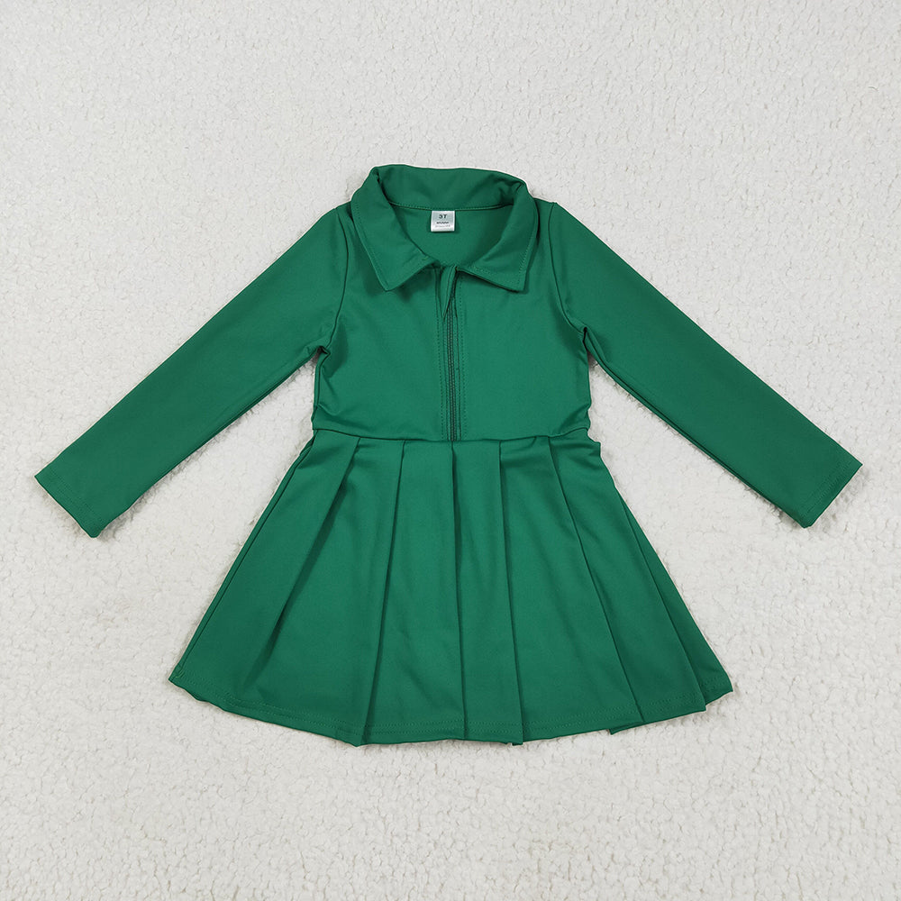 GLD1148 toddler girl clothes Green Long Sleeve Zip athletic yoga Pleated dresses