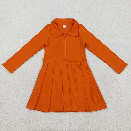 GLD1149 toddler girl clothes Orange Long Sleeve Zip athletic yoga Pleated dresses