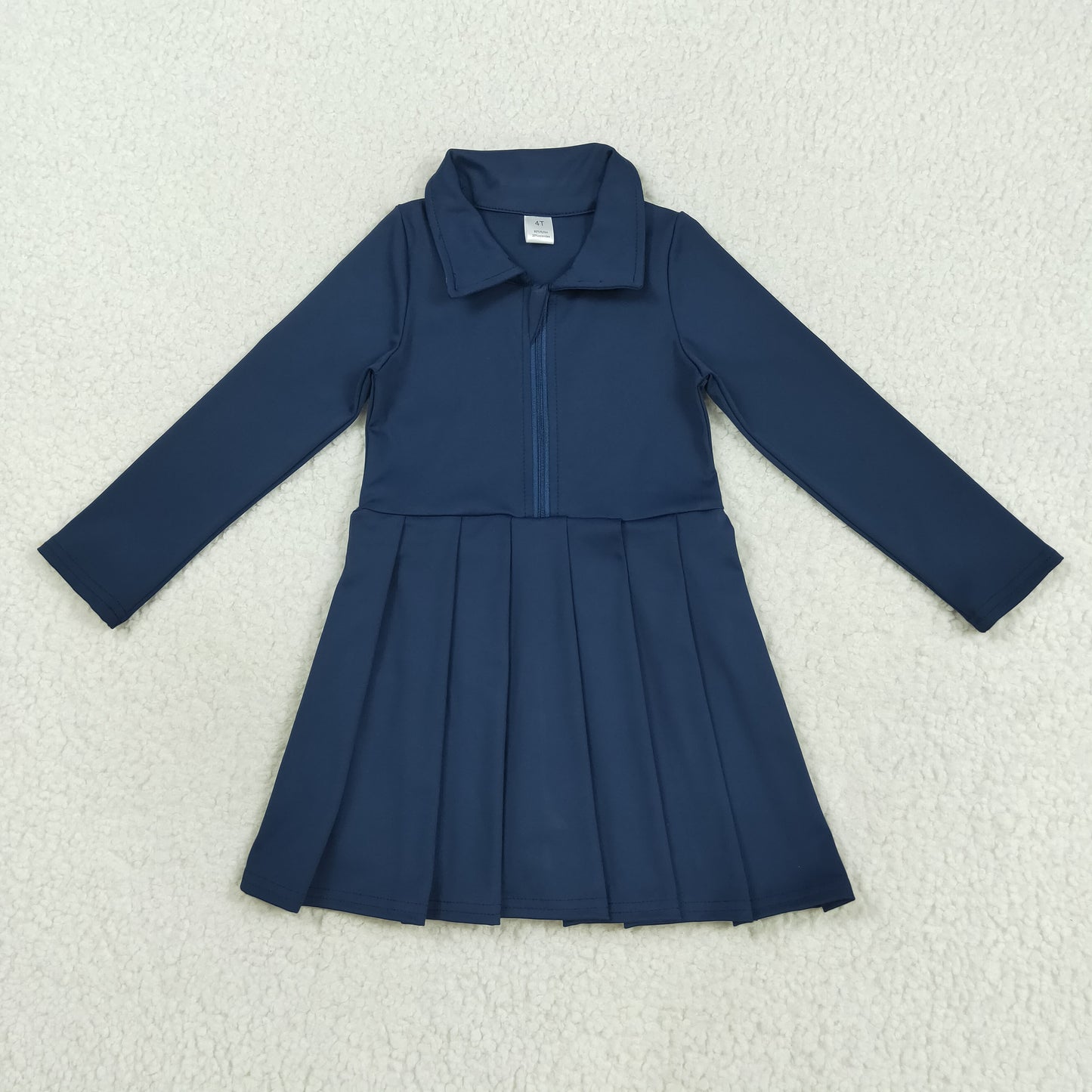GLD1151 Toddler Girl Clothes Navy Long Sleeve Zip Athletic Yoga Pleated Dresses