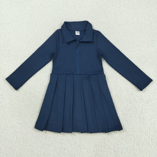 GLD1151 Toddler Girl Clothes Navy Long Sleeve Zip Athletic Yoga Pleated Dresses