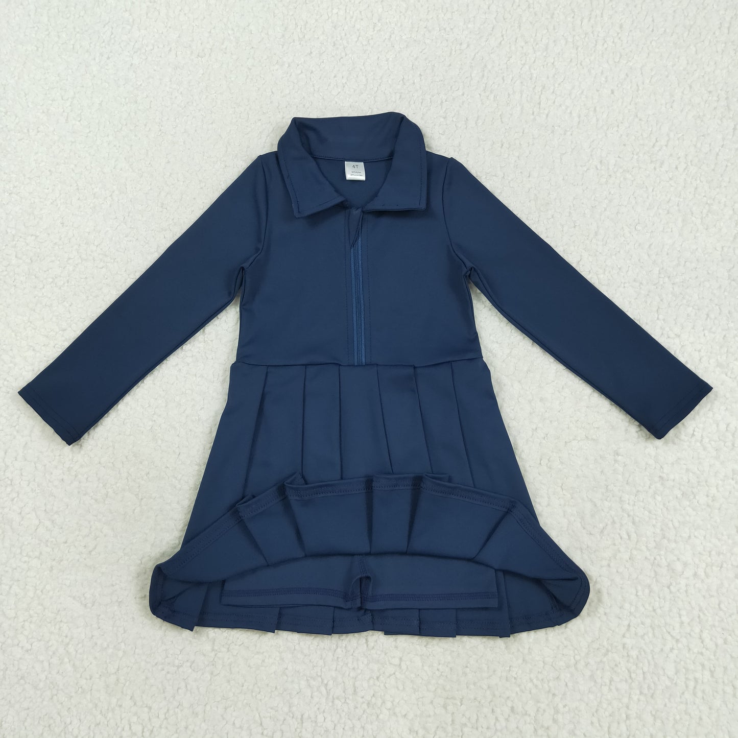 GLD1151 Toddler Girl Clothes Navy Long Sleeve Zip Athletic Yoga Pleated Dresses