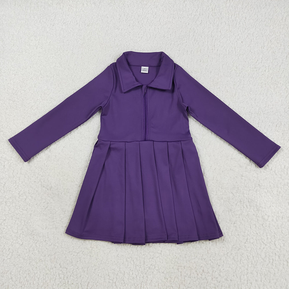 GLD1152 toddler girl clothes Purple Long Sleeve Zip athletic yoga Pleated dresses