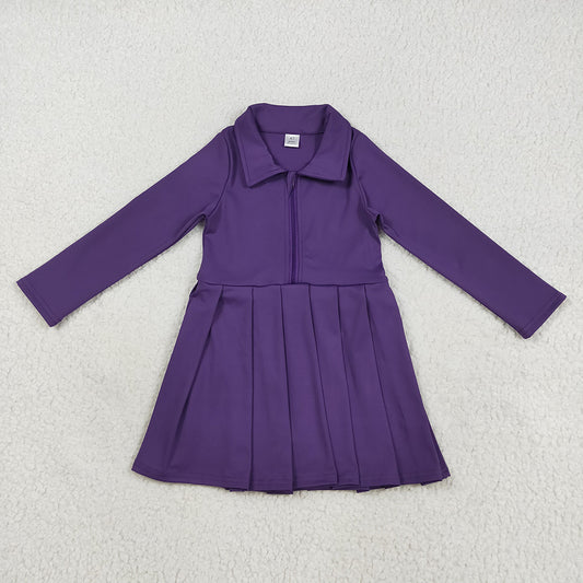 GLD1152 toddler girl clothes Purple Long Sleeve Zip athletic yoga Pleated dresses